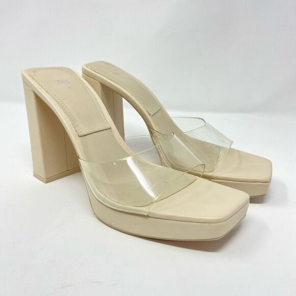 Zara Womens Square Toe Block Heels Size 38/7.5 Cream Wedding Bridesmaid Bridal - Picture 1 of 8